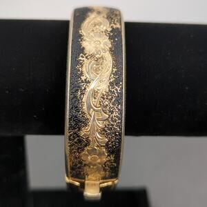 Vintage Fashion BRACELET Spanish Damascene Gold and Black Hinged Bangle